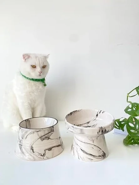 Seramik Mama ve Su Kabı, Siyah Ebru ve Renkli Ayaklı, 2'li Set ürün görseli 1