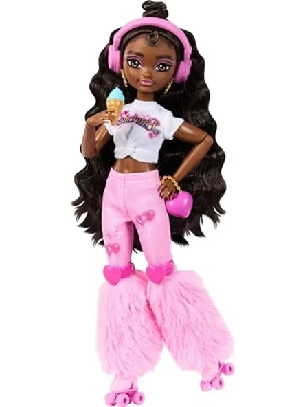 Barbie Rüya Arkadaşlar bebek ve aksesuarları, eklemleri bükülebilen, koyu kahverengi saçlı, Patenci Barbie 'Brooklyn' bebek, müzik ve video temalı 9 parça, JFX97 ürün görseli 1