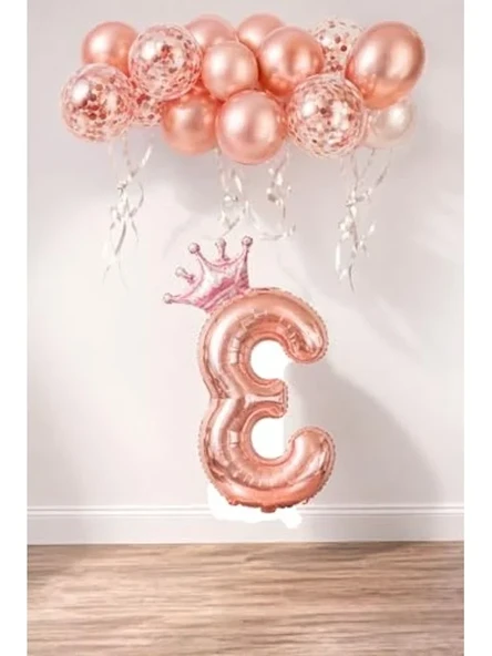 Rose Gold Folyo Balon Seti, 3 Rakam ve Kral Tacı ile Parti Dekorasyonu ürün görseli 1