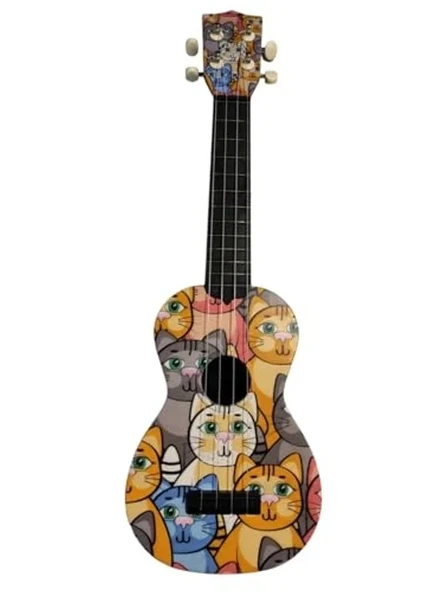 Kedi Desenli Soprano Ukulele, Renkli Çizimlerle Dekoratif Müzik Aleti ürün görseli 1