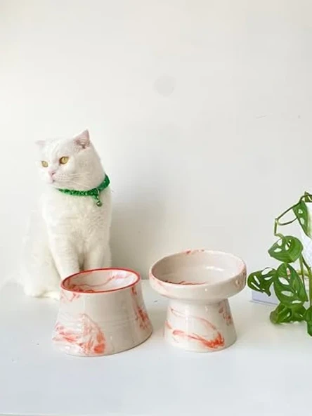 Seramik Kedi ve Köpek Mama Su Kabı, Turuncu Ebru Renkli 2'li Set ürün görseli 1