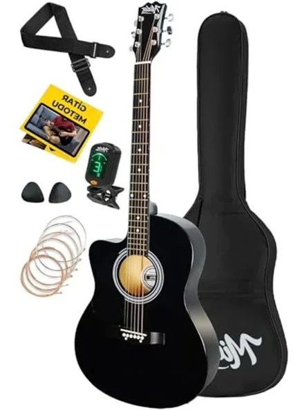 Kaliteli Kesik Kasa Akustik Gitar Seti, Siyah Renk Seçeneği ürün görseli 1