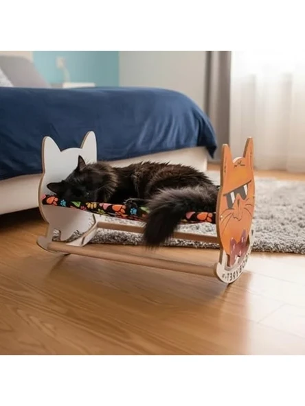 GOBYPET Ahşap Sallanan Kedi Beşiği – Sevimli Kedi Figürlü, Minderli, Dekoratif Dinlenme Yatağı (Lacivert) ürün görseli 1