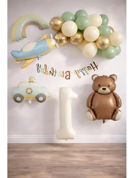 Retro 1 Yaş Doğum Günü Seti; Uçak, Araba, Gökkuşağı, Ayıcık ve 20 Adet Lateks Balon Set ürün görseli 1