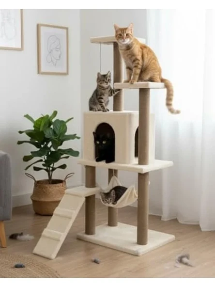 Lüx Kedi Tırmalama Oyun Evi, Beyaz Renk, Hamaklı Tasarım ürün görseli 1