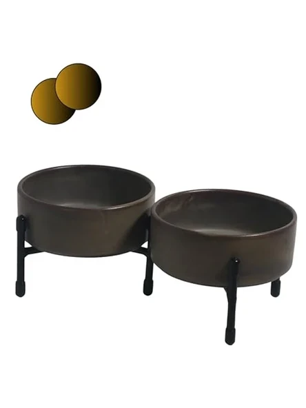 Toprak renkli metal ayaklı çift taraflı seramik mama ve su kapları ürün görseli 1