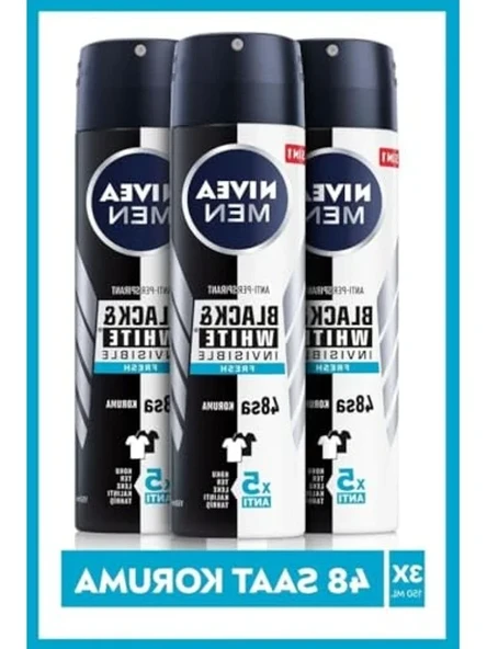NIVEA MEN Erkek Sprey Deodorant Black&White Invisible Fresh, Ter ve Ter Kokusuna Karşı 48 Saat Anti-perspirant Koruma 150ml x3 Adet ürün görseli 1