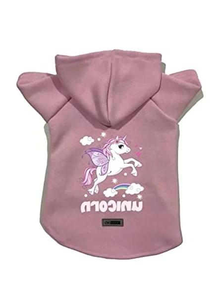 Pembe Unicorn Desenli Kapüşonlu Polar Sweatshirt, Köpek ve Kedi İçin ürün görseli 1