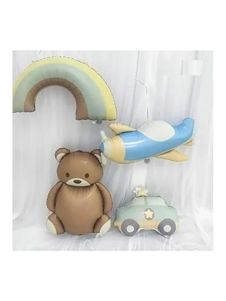 Retro Folyo Balon 4 Lü Set; Uçak, Araba, Gökkuşağı ve Ayıcık ürün görseli 1
