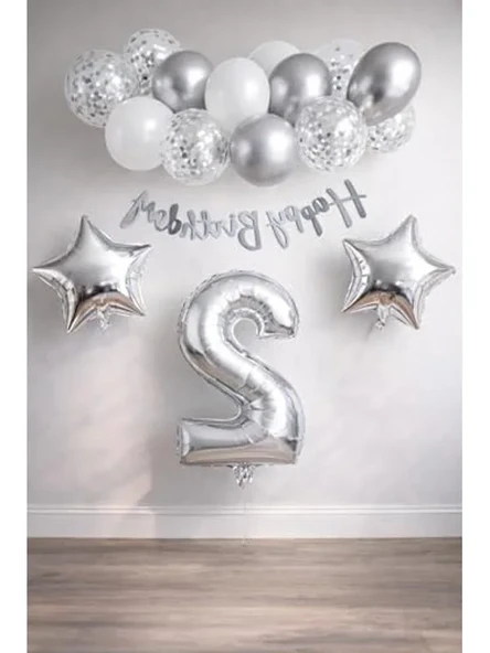 Beyaz Renkli Doğum Günü Kutlama Seti, Konfetili Balon ve Banner ile 2 Yaş ürün görseli 1