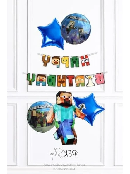 Minecraft Konsept Doğum Günü Seti Happy Bithday Banner ve 5li Balon Seti ürün görseli 1