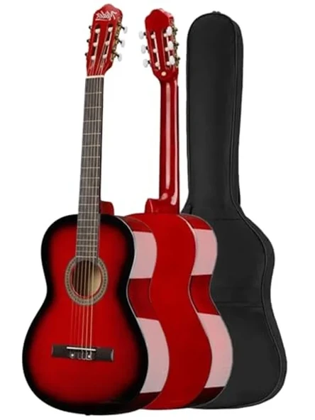 Kırmızı renkli 4/4 klasik gitar seti, yetişkin boy sap ayarı ile ürün görseli 1