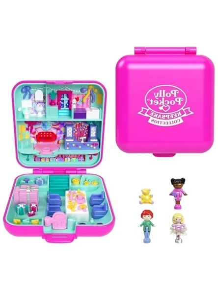 Polly Pocket Mattel 80. Yıl Dönümüne Özel Nostaljik Kompakt Oyun Seti, biri etek giyen 3 bebek, 1 evcil hayvan ve kutlama temalı mobilyalarla kompakt ev, JGK22 ürün görseli 1