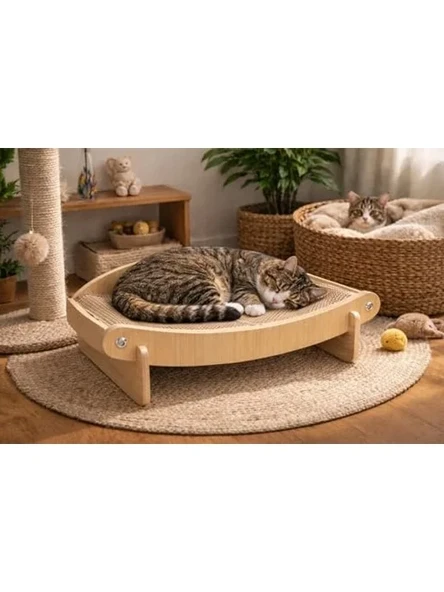 Çift Fonksiyonlu Ahşap Kedi Yatağı ve Tırmalama Alanı Modern Tasarım ürün görseli 1