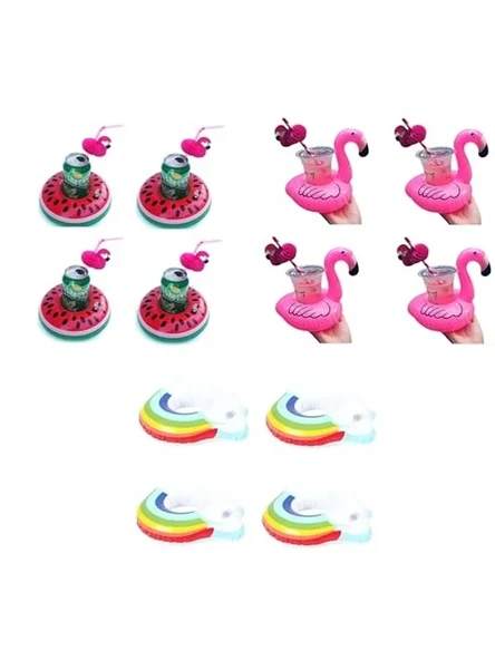 12'li Flamingo Gökkuşağı Karpuz Şişme Bardak Tutucu Set ürün görseli 1