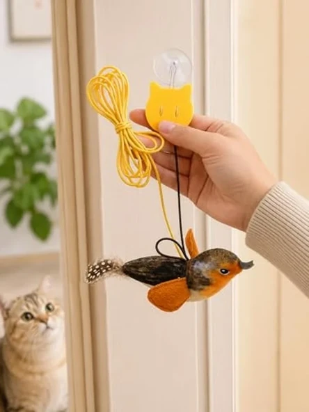Kapıya Asılabilen Sesli Kuşlu Kedi Eğlence Oyuncağı, Elastik - Resim 3