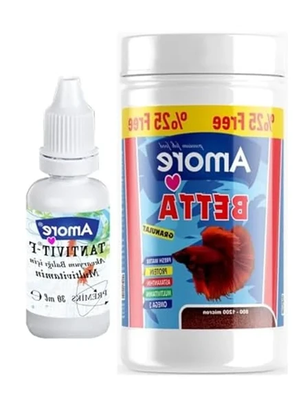 Beta balıklar için 125 ml granulat yem ve vitamin içeren besin ürün görseli 1