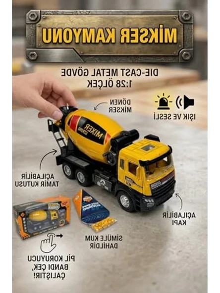 Sesli ve Işıklı 1:28 Ölçekli Metal Mikser Kamyonu, Simüle Kum Hediyeli ürün görseli 1