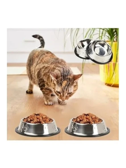 Paslanmaz Çelik Kedi Mama Ve Su Kabı, Köpek Çelik Mama Kabı, Kaymaz Lastikli Taban, Dayanıklı Besleme Tası, Kolay Temizlenebilir, 8 oz/250 ml (2 Adet) (2 Adet 16 Cm) ürün görseli 1