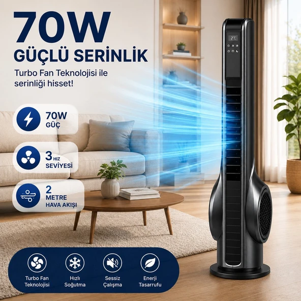 Turbo Akıllı Fan 70W Uzaktan Kumandalı Kule Vantilatör, Aromaterapi Özellikli, Dokunmatik LED Ekranlı, 3 Hız Kademeli, 3 Modlu, 12 Saat Zamanlayıcılı, Sessiz Çalışma, Salınımlı Fan ürün görseli 1