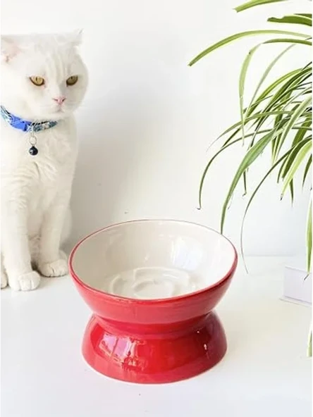 Yavaş Yeme Kedi Mama Kabı - Seramik, Kırmızı Renk ürün görseli 1