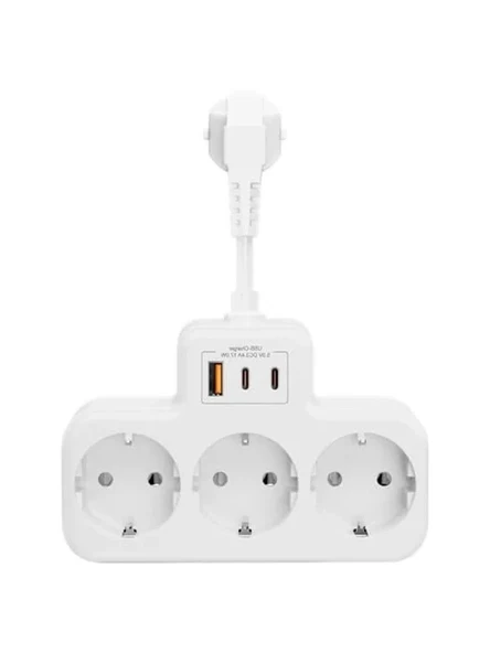 Duvar Tipi Priz Çoğaltıcı, 3 Soket, 2 Type-C ve 1 USB, 16A, 3680W, Çocuk Güvenlikli ürün görseli 1