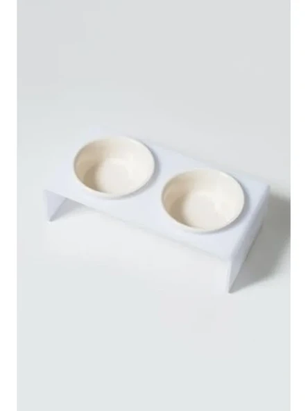 30x15 cm boyutunda şeffaf pleksi ve seramik ikili mama kabı, beyaz renk ürün görseli 1