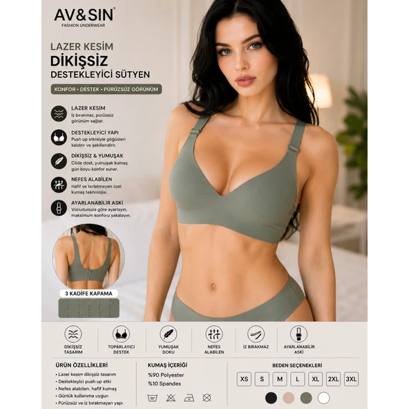 AV&SIN Dikişsiz Toparlayıcı Sütyen Push Up Destekli Ayarlanabilir Askılı Lazer Kesim Kadın Sütyen Haki XL ürün görseli 1