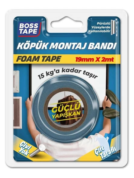 Boss Tape Çok Yüksek Yoğunluklu Köpük Çift Taraflı Aksesuar Montaj Bandı 15 KG'a Kadar Taşır ürün görseli 1