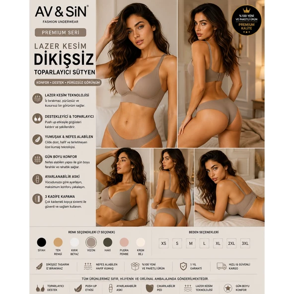 AV&SIN Dikişsiz Toparlayıcı Sütyen Push Up Destekli Ayarlanabilir Askılı Lazer Kesim Kadın Sütyen Vizon S ürün görseli 1