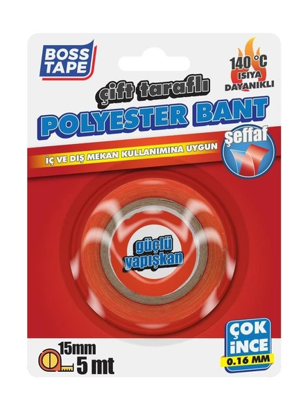 Boss Tape Çift Taraflı Yüksek Isıya Dayanıklı Polyester Bant 15 MM X 5 Metre ürün görseli 1