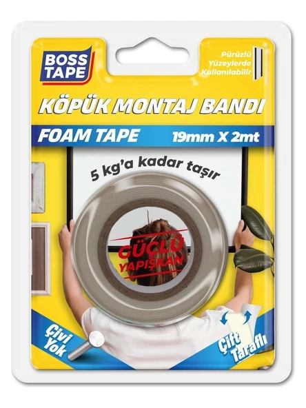 Boss Tape Çift Taraflı Köpük Montaj Bandı 19 mm x 2 M 5 KG'a Kadar Taşır ürün görseli 1