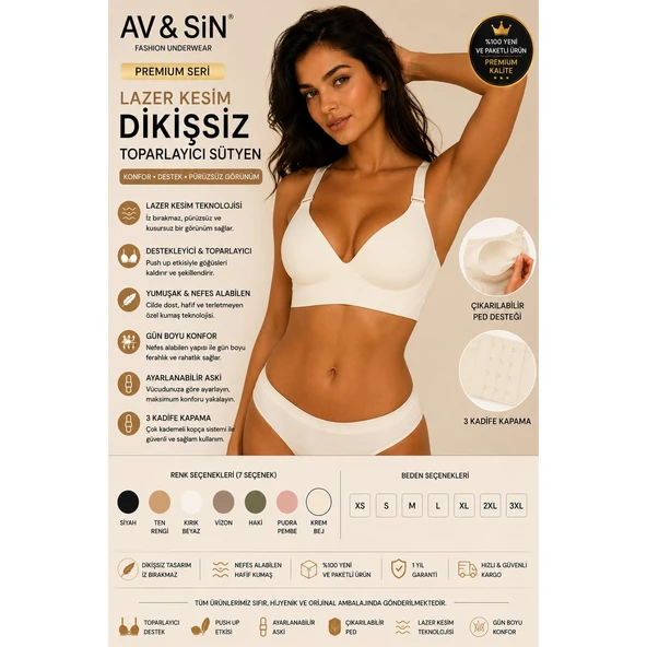 AV&SIN Dikişsiz Toparlayıcı Sütyen Push Up Destekli Ayarlanabilir Askılı Lazer Kesim Kadın Sütyen Kırık Beyaz XL ürün görseli 1