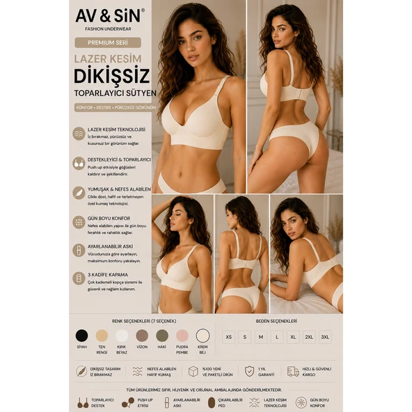 AV&SIN Dikişsiz Toparlayıcı Sütyen Push Up Destekli Ayarlanabilir Askılı Lazer Kesim Kadın Sütyen Krem Bej S ürün görseli 1