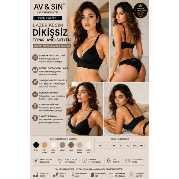 AV&SIN Dikişsiz Toparlayıcı Sütyen Push Up Destekli Ayarlanabilir Askılı Lazer Kesim Kadın Sütyen Siyah M ürün görseli 1