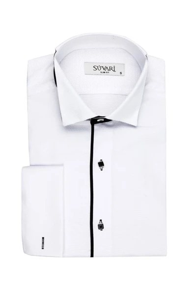 Slim Fit Ata Yaka Siyah Şeritli Beyaz Erkek Smokin Gömlek ürün görseli 1