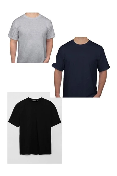 Blues Pamuk Likra Yarı Oversize Fit Yuvarlak Yaka T-shirt 3'lü ürün görseli 1