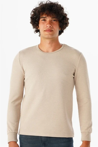 Süvari O Yaka Uzun Kol Lacivert Waffle Desenli Slim Fit Erkek Triko ürün görseli 1