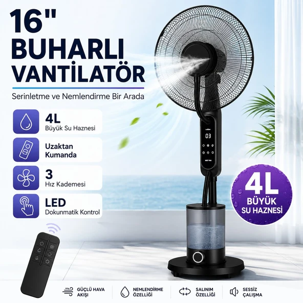 16 İnç Buharlı Vantilatör, 4L Su Hazneli Ayaklı Fan, Uzaktan Kumandalı, LED Ekranlı, 3 Hız Kademeli, 3 Modlu, Nemlendirici Özellikli, Salınımlı Sessiz Vantilatör ürün görseli 1