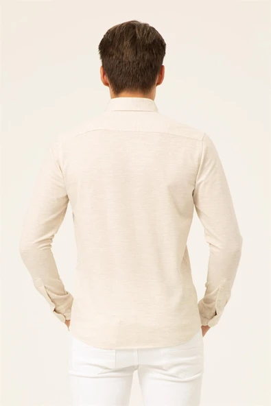 Süvari Slim Fit Uzun Kol Jakarlı Örme Bej Erkek Gömlek - Resim 6
