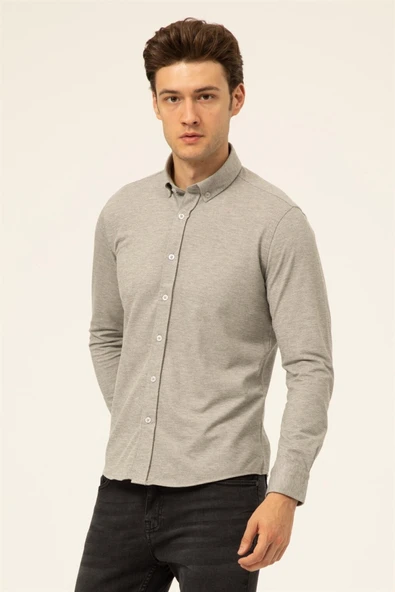 Süvari Slim Fit Uzun Kol Jakarlı Örme Bej Erkek Gömlek - Resim 3
