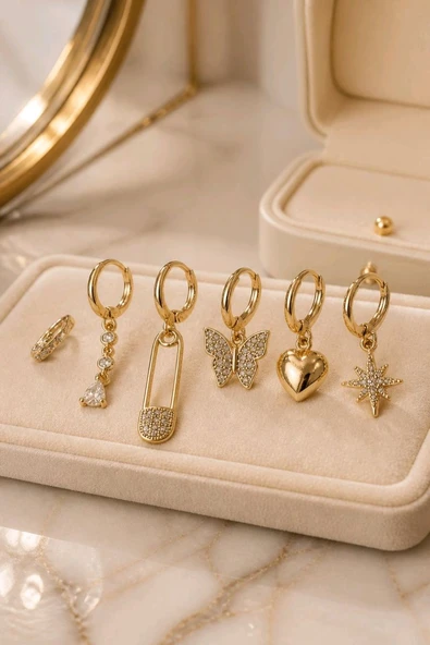 Monalisa Home   6 Adet Figürlü Gold Renk  Zirkon Taşlı Küpe ürün görseli 1