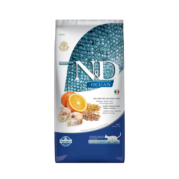 N&D Ocean Düşük Tahıllı Morina Balıklı Portakallı Yetişkin Kedi Maması 5 kg ürün görseli 1