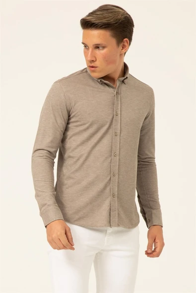 Süvari Slim Fit Uzun Kol Jakarlı Örme Bej Erkek Gömlek - Resim 12