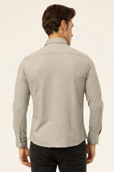 Süvari Slim Fit Uzun Kol Jakarlı Örme Bej Erkek Gömlek - Resim 5