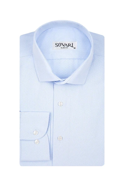 Slim Fit Armür Desenli Soluk Mavi Erkek Gömlek ürün görseli 1