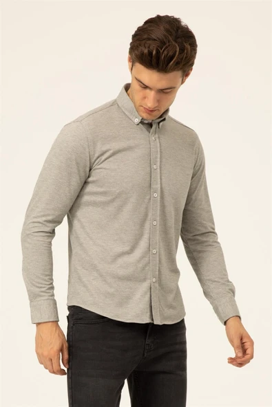 Süvari Slim Fit Uzun Kol Jakarlı Örme Bej Erkek Gömlek - Resim 7