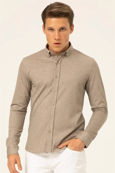 Süvari Slim Fit Uzun Kol Jakarlı Örme Bej Erkek Gömlek - Resim 11
