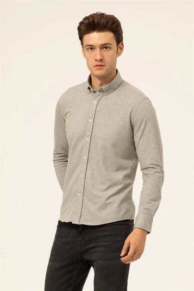 Süvari Slim Fit Uzun Kol Jakarlı Örme Bej Erkek Gömlek - Resim 9