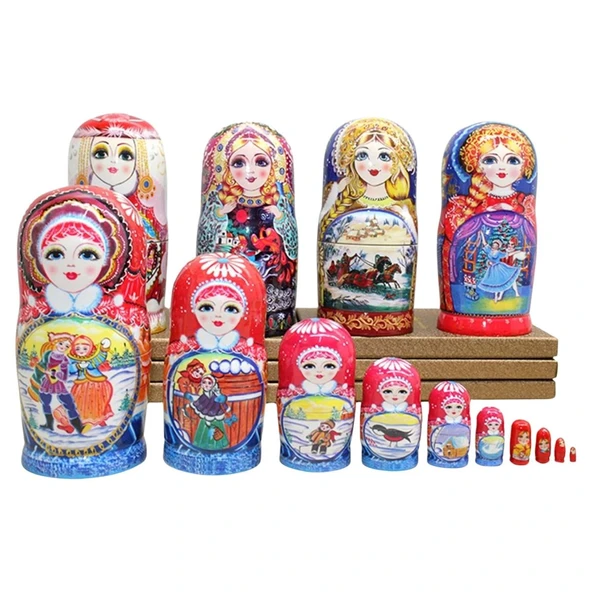 Onlu Ahşap Matruşka Bebek Seti 20cm Lüks Renkli 10 Parça M20 ürün görseli 1
